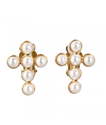 Cross Design Clip Earrings 01495-356 White/Gold - 1